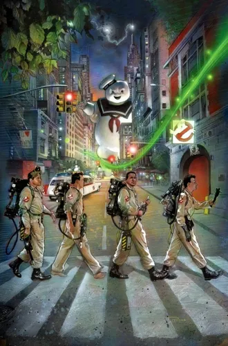 Охотники За Привидениями Обои на телефон группа людей, идущих по улице с роботом на спине