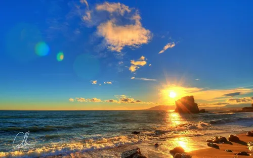 Природа Море Обои на телефон пляж со скалами и закатом