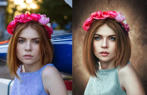 Обработка Фото пара женщин с цветами в волосах