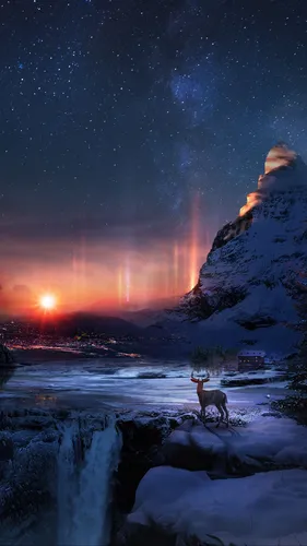 Самсунг Зима Обои на телефон собака, стоящая на заснеженном холме с ярким светом в небе