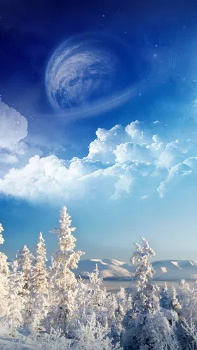 Самсунг Зима Обои на телефон снежный пейзаж с деревьями и голубым небом