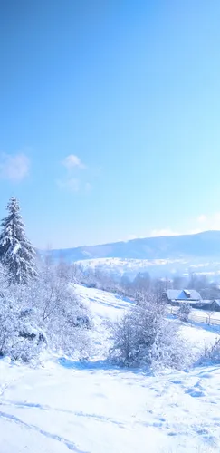 Самсунг Зима Обои на телефон снежный пейзаж с деревьями и домиком вдалеке