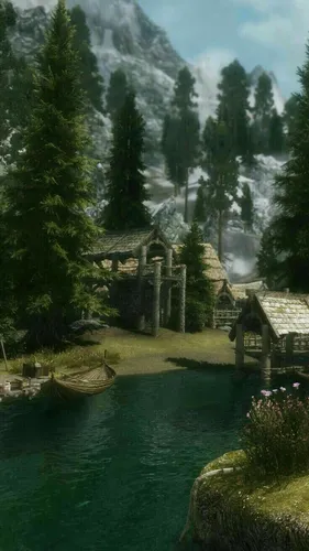 Скайрим Обои на телефон дом на холме у озера с деревьями и горами на заднем плане