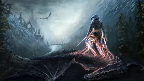 Скайрим Обои на телефон видеоигра, в которой дракон нападает на человека в лесу