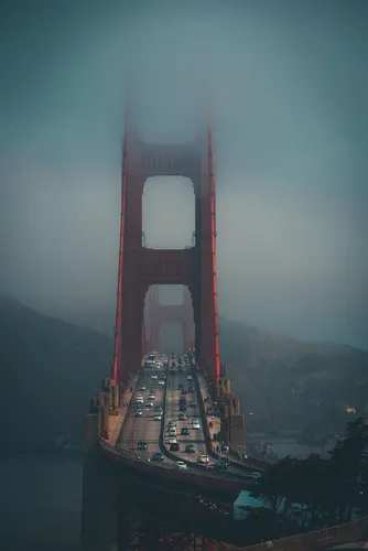 Туман Обои на телефон большой красный мост над водой