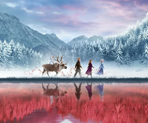 Холодное Сердце 2 Обои на телефон группа людей, выгуливающих оленя у озера с горами на заднем плане