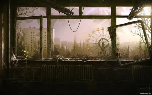 Чернобыль Обои на телефон окно с городом на заднем плане
