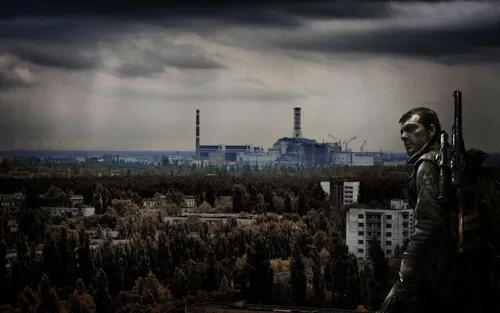 Чернобыль Обои на телефон статуя человека с пистолетом перед городом