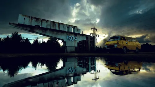Чернобыль Обои на телефон желтая машина на мосту
