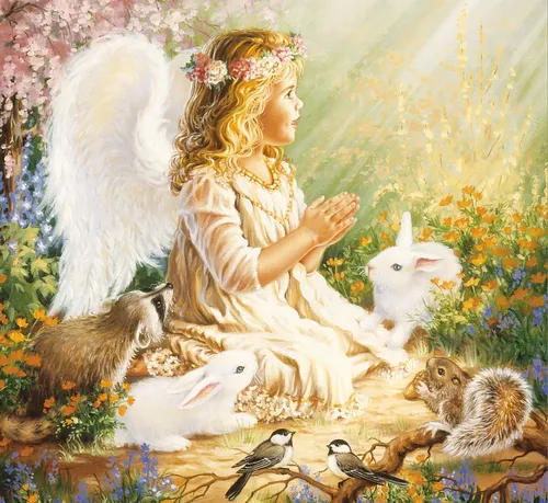 С Ангелами Обои на телефон картина с изображением девочки с кроликами