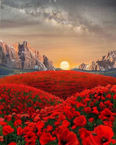 Красивые Фото поле красных цветов с горами на заднем плане