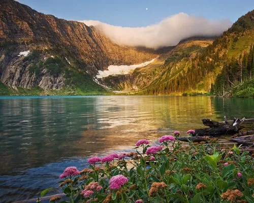 Красивые Фото озеро в окружении гор и цветов