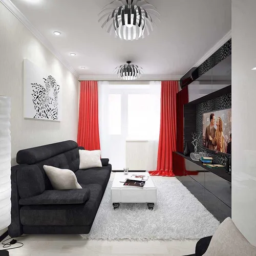 Гостиная Фото гостиная с черным диваном и красными шторами