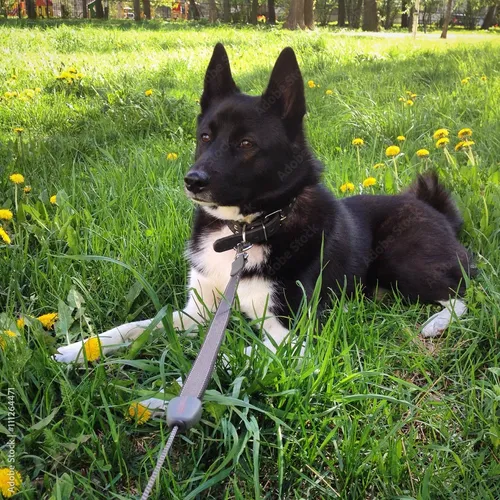 Лайка Фото собака, сидящая на травянистой местности