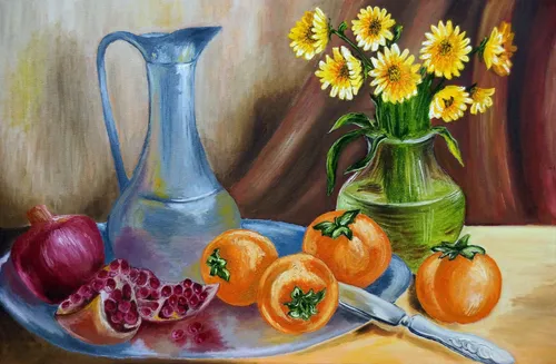 Натюрморт Фото ваза с цветами и фруктами