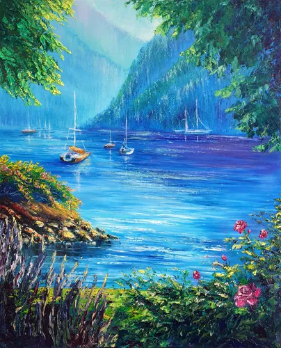 Пейзаж Фото водоем с лодками и деревьями вокруг