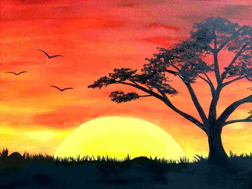 Пейзаж Фото закат с летающими птицами