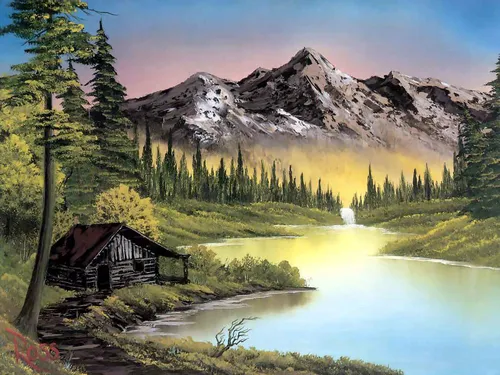 Пейзаж Фото дом у озера с горой на заднем плане