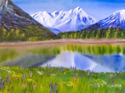 Пейзаж Фото озеро в окружении гор и цветов