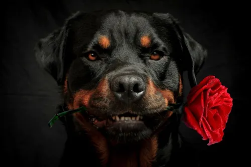 Ротвейлер Фото собака с розой во рту