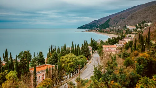 Абхазия Фото дорога с деревьями и зданиями у водоема