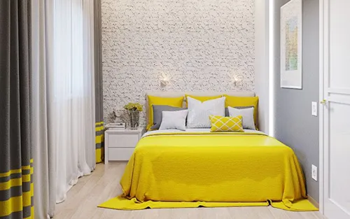 Дизайн Спальни Фото кровать с желтыми и белыми простынями