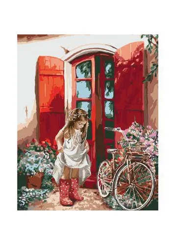 Картина По Номерам По Фото человек, стоящий перед красной дверью с велосипедом впереди