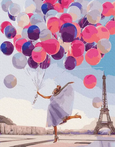 Картина По Номерам По Фото человек прыгает в воздухе с воздушными шарами на заднем плане