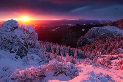 Красивые Природы Фото снежная гора с деревьями и закатом