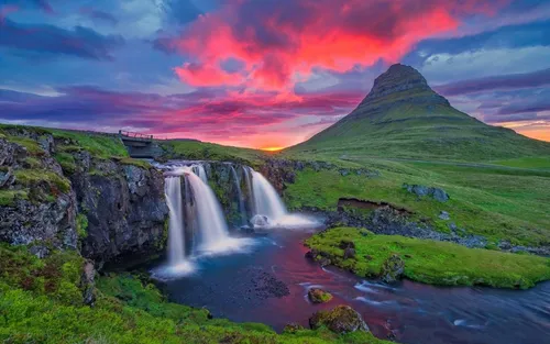 Красивые Природы Фото водопад с мостом и радугой на заднем плане