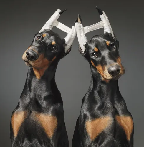 Добермана Фото группа собак в оленьих шляпах