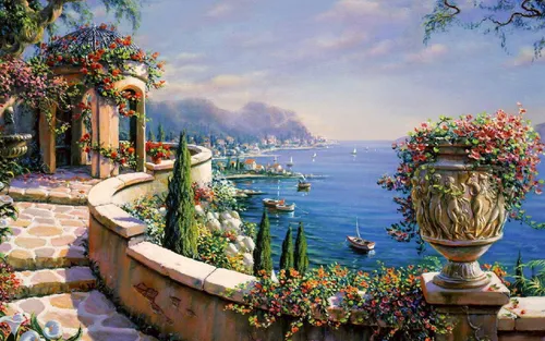 Картинки Фото каменный внутренний дворик с видом на водоем с лодками