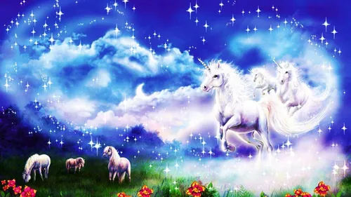 Unicorn Единорог Обои на телефон группа белых лошадей в поле со звездами на небе