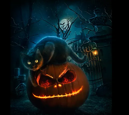 Хэллоуин Обои на телефон кот сидит на резной тыкве