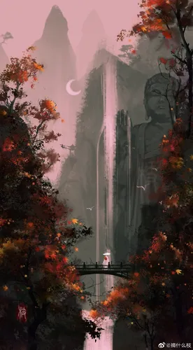 Японский Стиль Обои на телефон высокий водопад с деревьями вокруг него