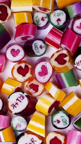 Еда Обои на телефон группа разноцветных конфет в форме сердца