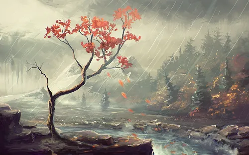 Осень Дождь Обои на телефон дерево с апельсиновыми листьями рядом с водоемом