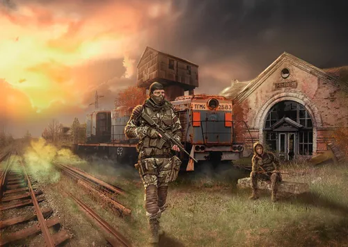 Сталкер Обои на телефон видеоигра, показывающая человека и ребенка, идущих по железнодорожным путям