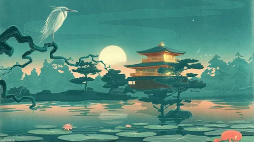 Японские Обои на телефон дом с большим водоемом и птицей, пролетающей над ним