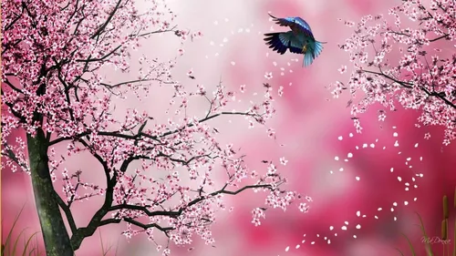 Японские Обои на телефон птица, летающая над розовыми цветами