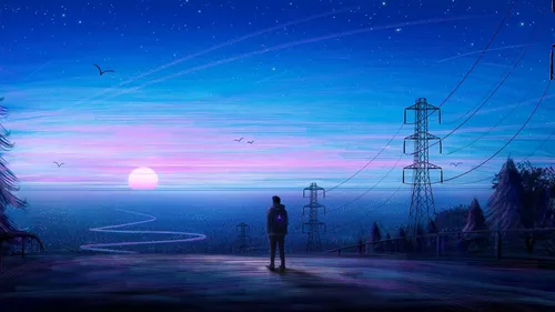 Атмосферные Обои на телефон человек, стоящий в поле с линиями электропередач и закатом